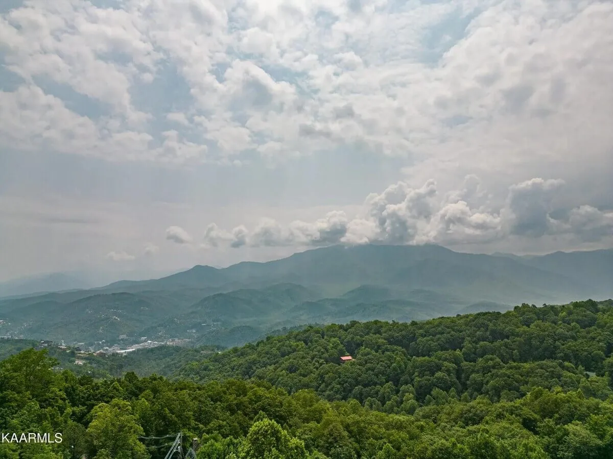 A panoramic view of a mountain range dotted with forested hills and drifting clouds, radiating tranquility and natural beauty. Seasonal details like spring blooms and autumn foliage are visible, hinting at year-round appeal.